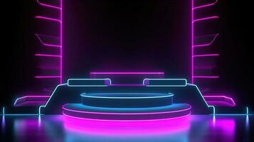 3D abstract background. Neon glowing podium. Empty scene for product presentation. photo