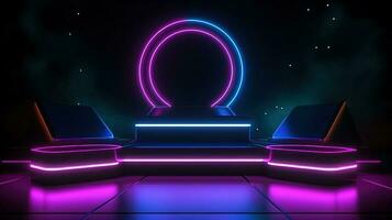 3D abstract background. Neon glowing podium. Empty scene for product presentation. photo
