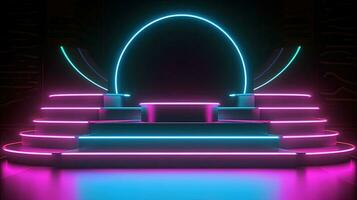 3D abstract background. Neon glowing podium. Empty scene for product presentation. photo