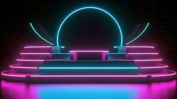 3D abstract background. Neon glowing podium. Empty scene for product presentation. photo