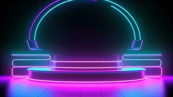 3D abstract background. Neon glowing podium. Empty scene for product presentation. photo