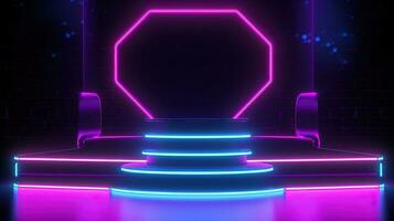 3D abstract background. Neon glowing podium. Empty scene for product presentation. photo