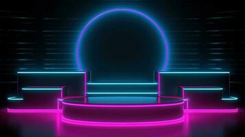 3D abstract background. Neon glowing podium. Empty scene for product presentation. photo