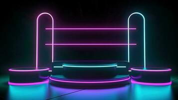 3D abstract background. Neon glowing podium. Empty scene for product presentation. photo