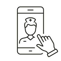 Physician Online Consultation. Remote Virtual Doctor Man Pictogram. Medicals Service in Smartphone Line Icon. Healthcare in Mobile Phone Outline Symbol. Editable Stroke. Isolated Vector Illustration.