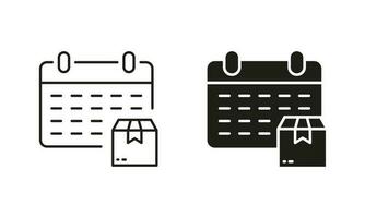 Time Appointment for Express Delivery Service Silhouette and Line Icon Set. Schedule in Calendar for Date Delivery Icon. Parcel Box Pictogram. Editable Stroke. Isolated Vector Illustration.