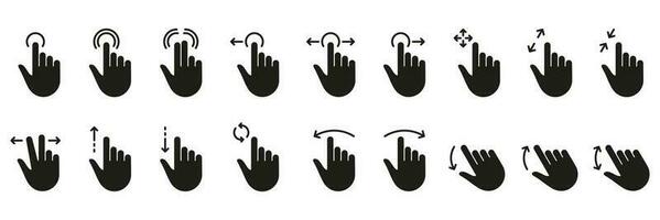 Hand Finger Touch, Swipe and Drag Silhouette Icon Set. Gesture Slide Left and Right Black Solid Pictogram. Pinch Screen, Rotate Up Down on Screen Glyph Icons. Isolated Vector Illustration.