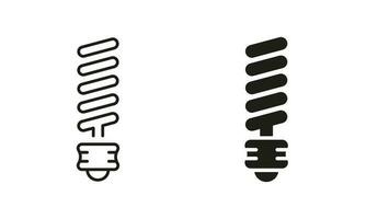 Spiral Lightbulb Electrical Equipment Line and Silhouette Icon Set. Light Bulb Ecology Power Pictogram. Low-Energy Light Bulb Symbol Collection on White Background. Isolated Vector Illustration.