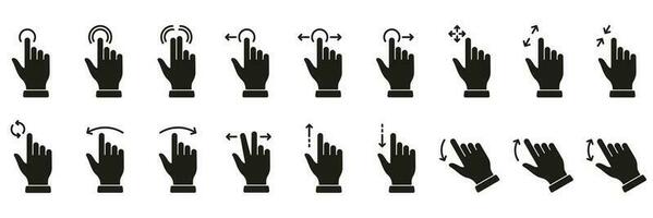 Hand Finger Touch, Swipe and Drag Silhouette Icon Set. Gesture Slide Left and Right Black Solid Pictogram. Pinch Screen, Rotate Up Down on Screen Glyph Icons. Isolated Vector Illustration.