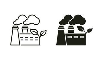 Eco Factory Industry Building with Leaf Line and Silhouette Icon Set. Ecological Industrial Production. Power Station Symbol on White Background. Ecology Industry. Isolated Vector Illustration.