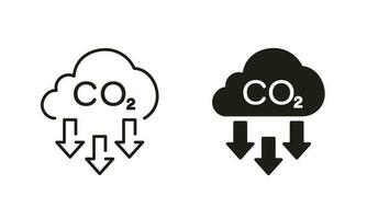 Reduction Greenhouse CO2 with Cloud Emission Line and Silhouette Icon Set. Carbon Dioxide Pollution in Air. Atmosphere Contamination Symbol Collection. Isolated Vector Illustration.