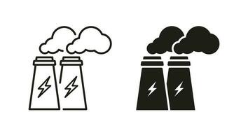 Power Station Line and Silhouette Icon Set. Electricity Energy Pictogram. Factory Industry Building with Smoke Symbol Collection on White Background. Power Plant. Isolated Vector Illustration.