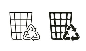 Ecology Dustbin for Garbage Line and Silhouette Icon Set. Recycling Eco Bin. Recycle Grid Basket Symbol Collection on White Background. Reuse Container Sign. Isolated Vector Illustration.