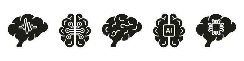 Tech Science, Brainstorm, Knowledge Black Solid Icon. Human Brain and AI Silhouette Pictogram Collection. Artificial Intelligence Glyph Symbol on White Background. Isolated Vector Illustration