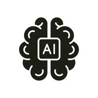 AI with Human Brain Solid Pictogram. Digital Technology Glyph Symbol on White Background. Artificial Intelligence Black Silhouette Icon. Isolated Vector Illustration.