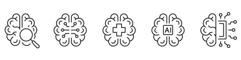 Human Brain AI Concept Black Line Icon Set. Neurology Science, Digital Technology Linear Pictogram. Artificial Intelligence Symbol on White Background. Editable Stroke. Isolated Vector Illustration.