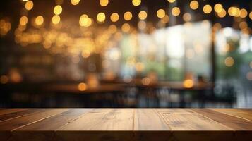 Empty wooden table in front of abstract bokeh light background. photo