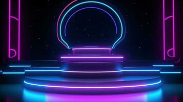 3D abstract background. Neon glowing podium. Empty scene for product presentation. photo