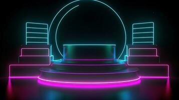 3D abstract background. Neon glowing podium. Empty scene for product presentation. photo