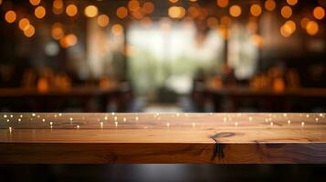 Empty wooden table in front of abstract bokeh light background. photo