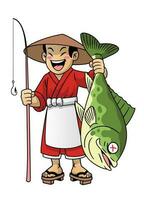 Japón dibujos animados pescador espectáculo su grande pescado vector