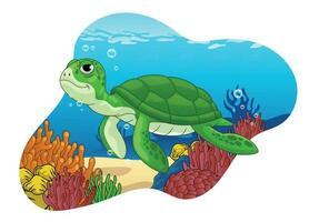 Tortuga en linda dibujos animados estilo nadando en el coral arrecife vector