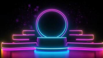 3D abstract background. Neon glowing podium. Empty scene for product presentation. photo