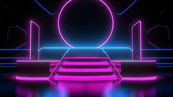 3D abstract background. Neon glowing podium. Empty scene for product presentation. photo