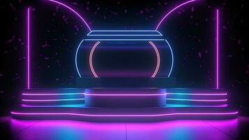 3D abstract background. Neon glowing podium. Empty scene for product presentation. photo