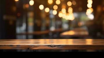 Empty wooden table in front of abstract bokeh light background. photo