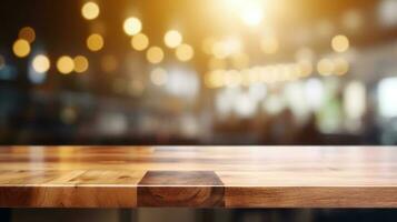 Empty wooden table in front of abstract bokeh light background. photo