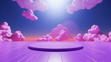 Purple podium in the blue sky with clouds. 3D rendering photo