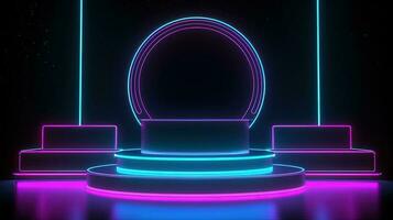 3D abstract background. Neon glowing podium. Empty scene for product presentation. photo