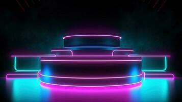 3D abstract background. Neon glowing podium. Empty scene for product presentation. photo