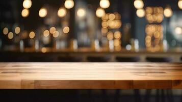 Empty wooden table in front of abstract bokeh light background. photo