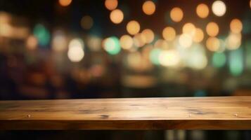 Empty wooden table in front of abstract bokeh light background. photo