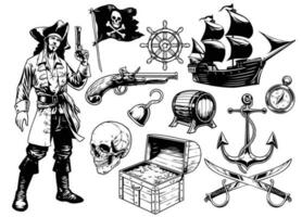 Set of Vintage hand drawn of Pirate objects vector