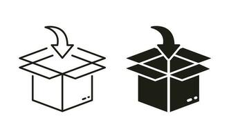 Put in Carton Parcel Box Delivery Service Silhouette and Line Icon Set. Packing Cardboard Pointing Arrow Inside Pictogram. Distribution Container Sign. Editable Stroke. Isolated Vector Illustration.