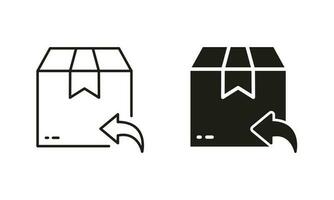 Return Parcel Box Silhouette and Line Icon Set. Exchange Package of Delivery Service Pictogram. Arrow Back Shipping Return Goods. Refund Product in Box. Editable Stroke. Isolated Vector Illustration.