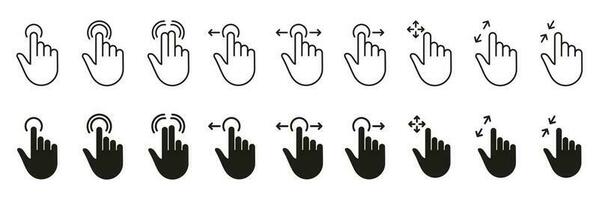 Computer Cursor, Pointer Icon Set. Hand with Finger Digital Mouse Click Line and Silhouette Sign. Website and App Interface, Press, Tap, Link, Choice Button Symbol. Isolated Vector Illustration.