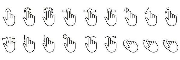 Hand Finger Touch, Swipe and Drag Outline Icon Set. Pinch Screen, Rotate Up Down on Screen Line Sign. Gesture Slide Left and Right Linear Pictogram. Editable Stroke. Isolated Vector Illustration.