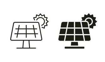 conjunto de iconos de silueta y línea de panel solar. pictograma de energía solar. colección de símbolos de electricidad renovable sobre fondo blanco. sistema eléctrico de luz solar ecológica para la casa. ilustración vectorial aislada. vector