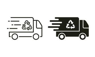 Fast Garbage Truck with Recycle Line and Silhouette Icon Set. Vehicle Transport for Waste. Ecology Trash Transportation Service Symbol Collection on White Background. Isolated Vector Illustration.