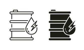 Metal Gas Tank Container with Diesel Line and Silhouette Icon Set. Petrol Energy Gallon with Drop and Lightning. Barrel for Oil Drum Symbols on White Background. Isolated Vector Illustration.