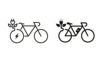 Ecology Bicycle on Electric Power with Plug and Leaf Line and Silhouette Icon Set. Eco Electricity City Transportation. Green Energy Bike Symbol Collection. Isolated Vector Illustration.