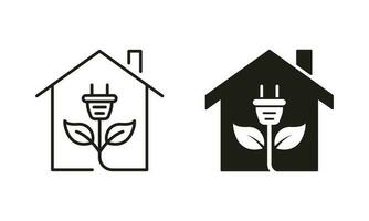 Eco House with Leaf and Plug Line and Silhouette Icon Set. Natural Home with Green Energy Pictogram. Ecology Real Estate Symbol Collection on White Background. Isolated Vector Illustration.