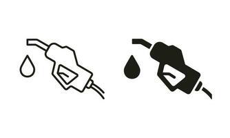 Fuel Nozzle Holder with Hose on Petrol Station Line and Silhouette Icon Set. Petroleum Energy Pump on Gas Station Symbol on White Background. Fossil Fill Nozzle. Isolated Vector Illustration.