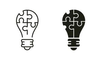 Light Bulb with Jigsaw Puzzle Idea Line and Silhouette Icon Set. Innovation, Inspiration, Think. Lightbulb and Game Solution Symbol Collection on White Background. Isolated Vector Illustration.