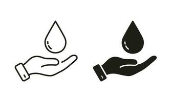 Hand Hold Water Drop Line and Silhouette Icon Set. Aqua Resource, Environment Protection. Hygiene Health Care, Clean Water Symbol Collection on White Background. Isolated Vector Illustration.