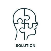 Solution in Human Head Line Icon. Person's Brain and Jigsaw, Creation Idea Concept Linear Pictogram. Thinking Intellectual Process Outline Symbol. Editable Stroke. Isolated Vector Illustration.